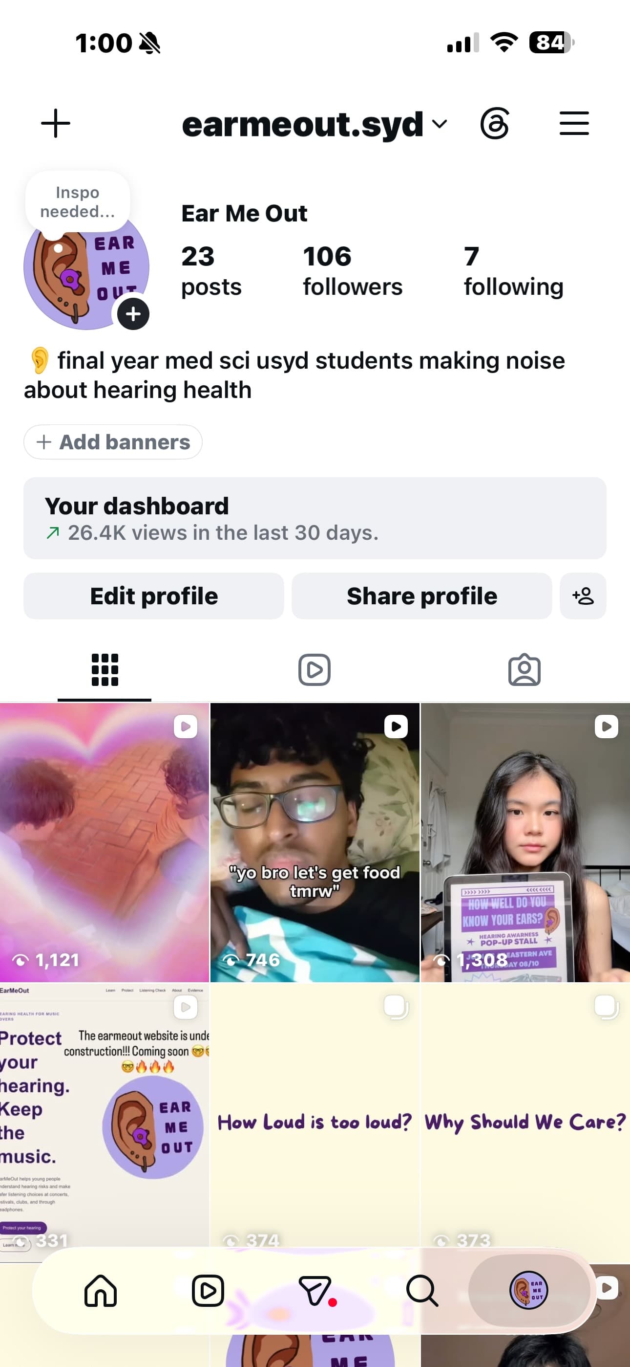Screenshot of the EarMeOut Instagram profile, @earmeout.syd, showing its hearing-health bio and campaign posts.